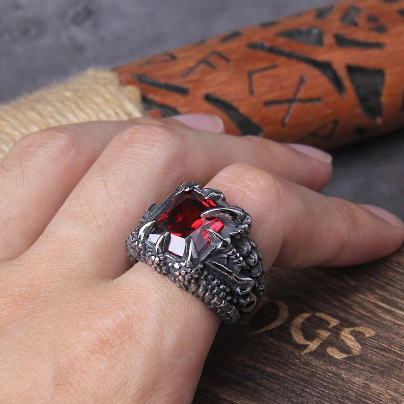 Stainless Steel NO Fade Punk Dragon Ring with Red CZ Stone in Elegant Wooden Box