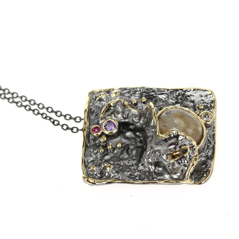 Statement Vintage Pendant Necklace with Exaggerated Charm and Melon Zirconia in Black and Gold