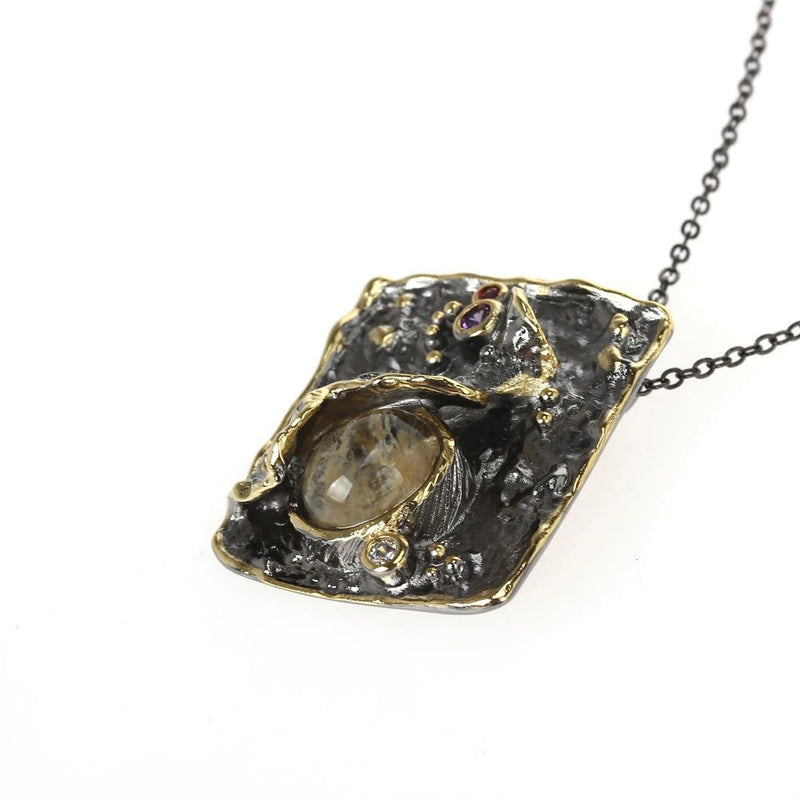 Statement Vintage Pendant Necklace with Exaggerated Charm and Melon Zirconia in Black and Gold