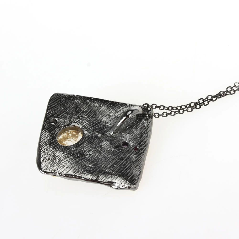 Statement Vintage Pendant Necklace with Exaggerated Charm and Melon Zirconia in Black and Gold