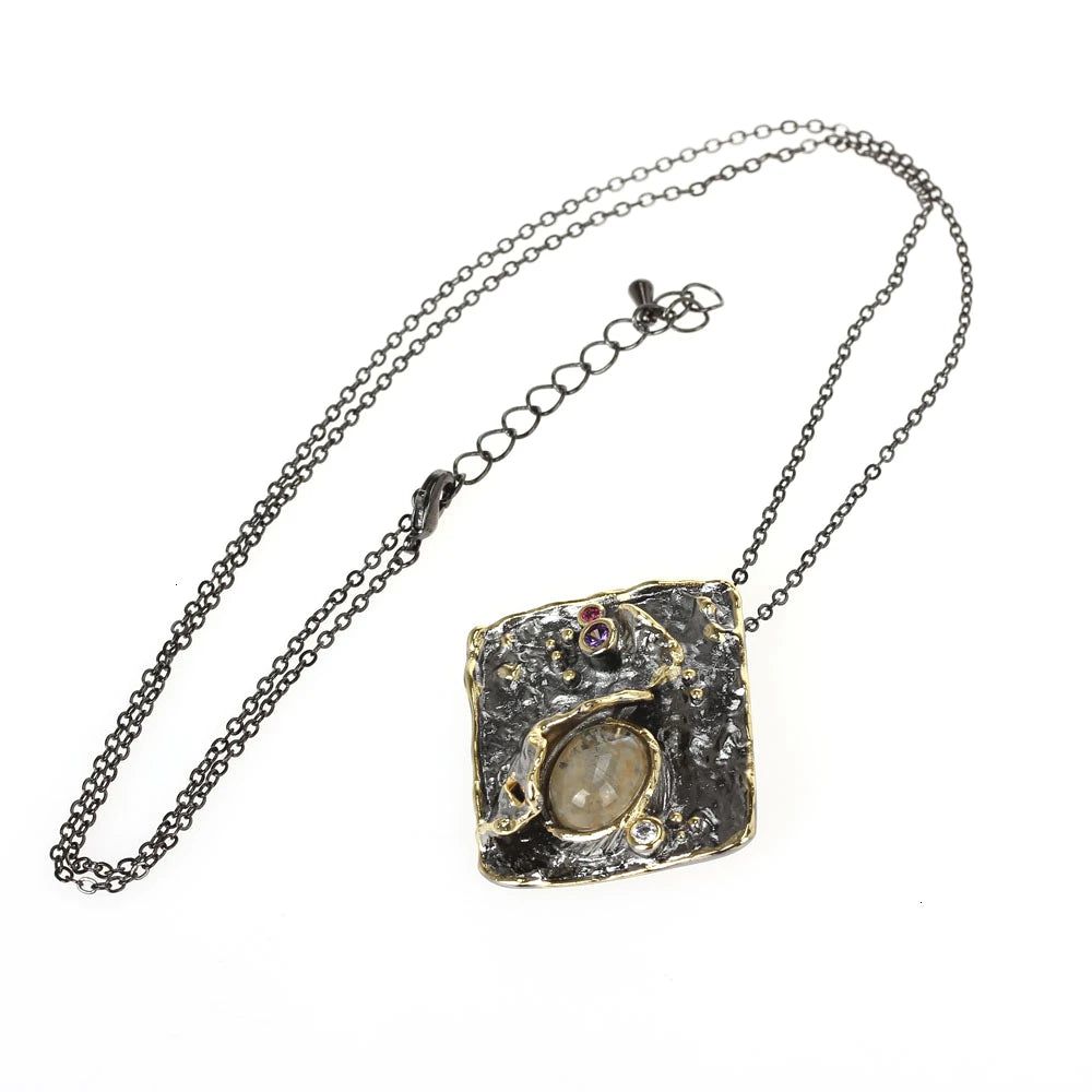 Statement Vintage Pendant Necklace with Exaggerated Charm and Melon Zirconia in Black and Gold