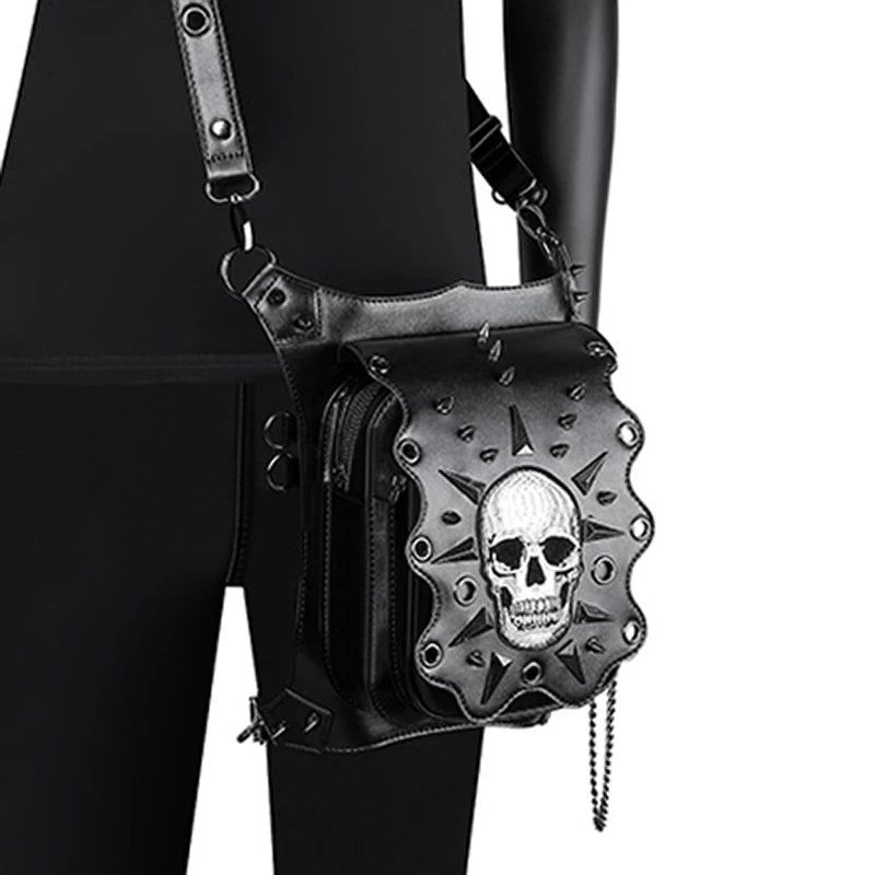 Steampunk Skull Motif Waist Bag for Bikers - Gothic Fanny Pack and Crossbody Pouch