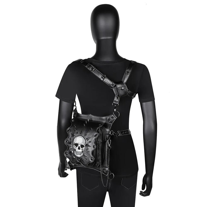 Steampunk Skull Motif Waist Bag for Bikers - Gothic Fanny Pack and Crossbody Pouch