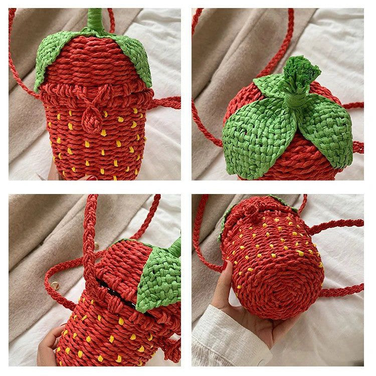 Strawberry-Shaped Woven Straw Bag for Women – Stylish Rattan Crossbody Purse for Summer Beach Outings