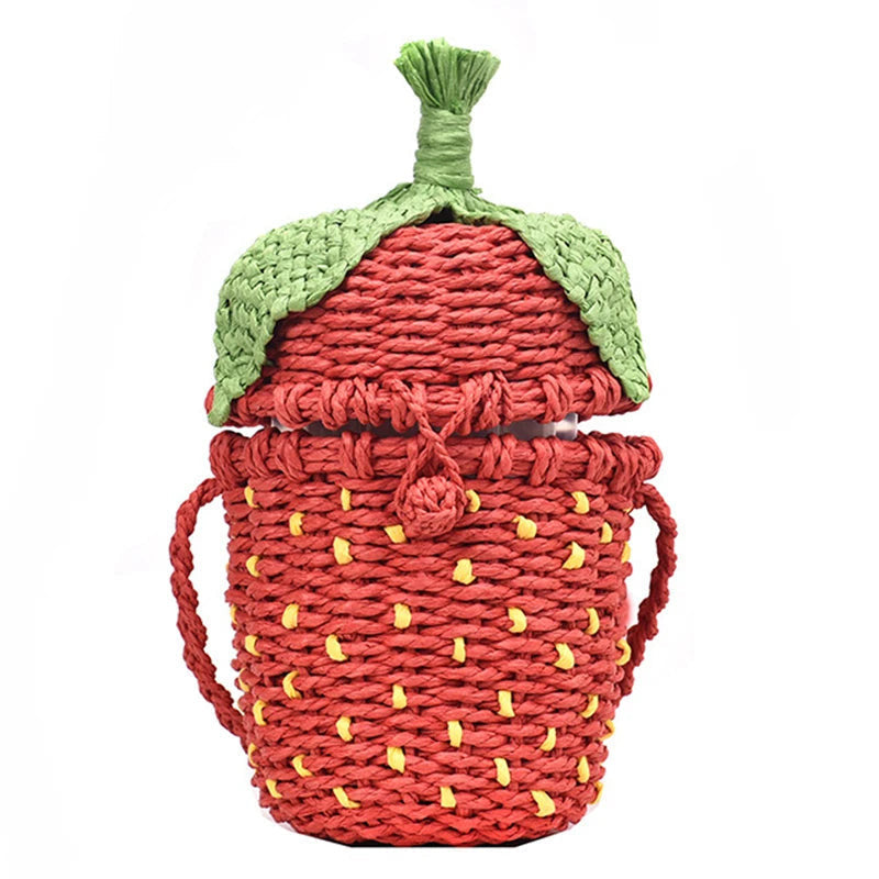 Strawberry-Shaped Woven Straw Bag for Women – Stylish Rattan Crossbody Purse for Summer Beach Outings