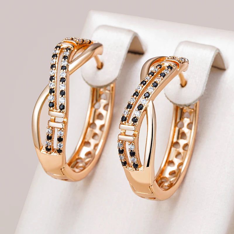 Stunning 585 Rose Gold Big Hoop Earrings with Shiny Black and White Natural Zircon Accents