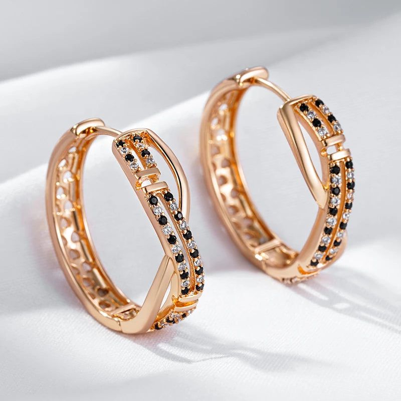 Stunning 585 Rose Gold Big Hoop Earrings with Shiny Black and White Natural Zircon Accents