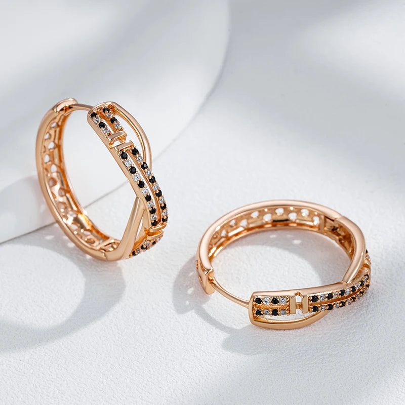 Stunning 585 Rose Gold Big Hoop Earrings with Shiny Black and White Natural Zircon Accents