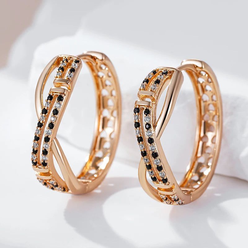 Stunning 585 Rose Gold Big Hoop Earrings with Shiny Black and White Natural Zircon Accents