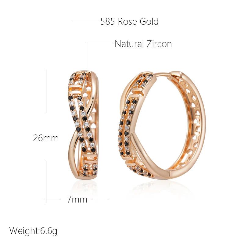 Stunning 585 Rose Gold Big Hoop Earrings with Shiny Black and White Natural Zircon Accents