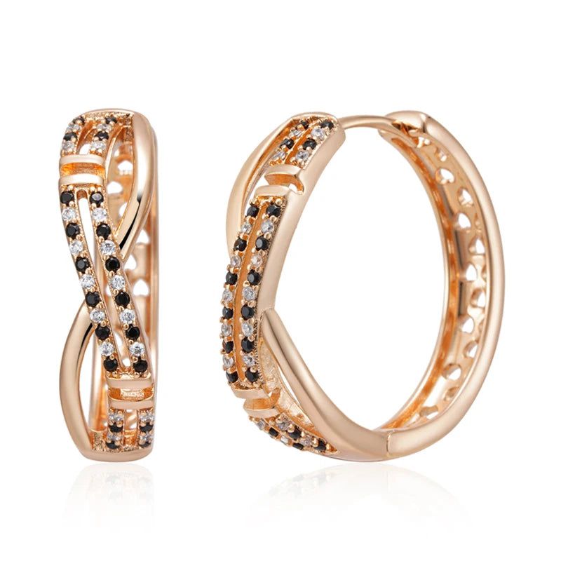 Stunning 585 Rose Gold Big Hoop Earrings with Shiny Black and White Natural Zircon Accents