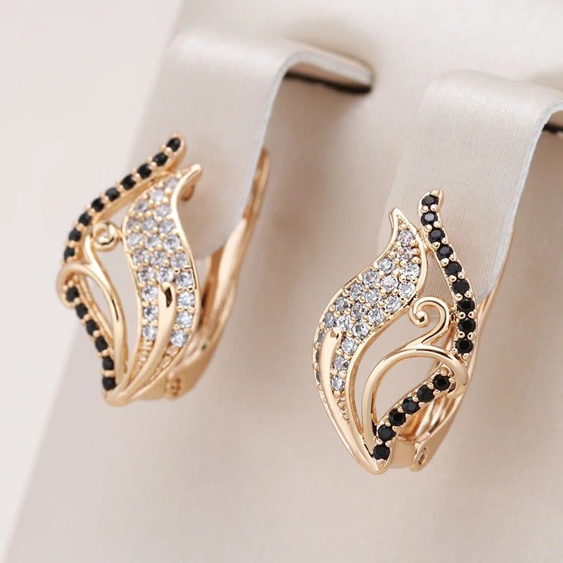 Stunning 585 Rose Gold Bling Black Zircon Leaf Drop Earrings - Elegant Natural Jewelry