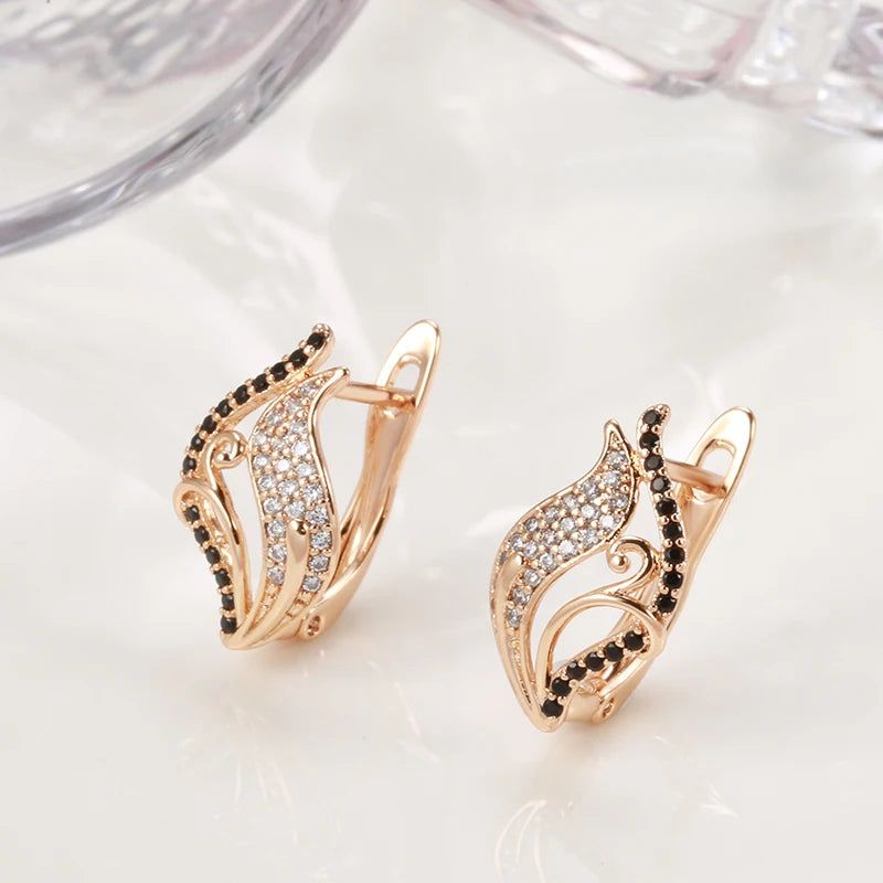 Stunning 585 Rose Gold Bling Black Zircon Leaf Drop Earrings - Elegant Natural Jewelry