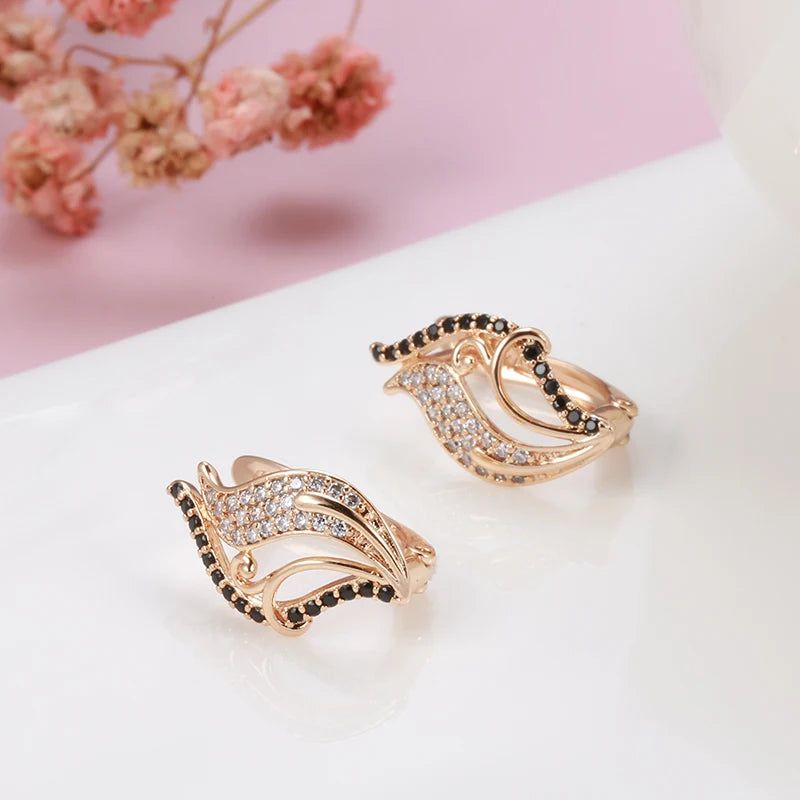 Stunning 585 Rose Gold Bling Black Zircon Leaf Drop Earrings - Elegant Natural Jewelry