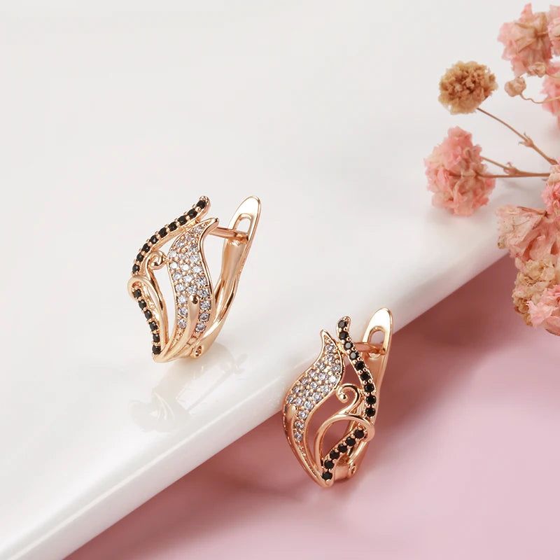 Stunning 585 Rose Gold Bling Black Zircon Leaf Drop Earrings - Elegant Natural Jewelry