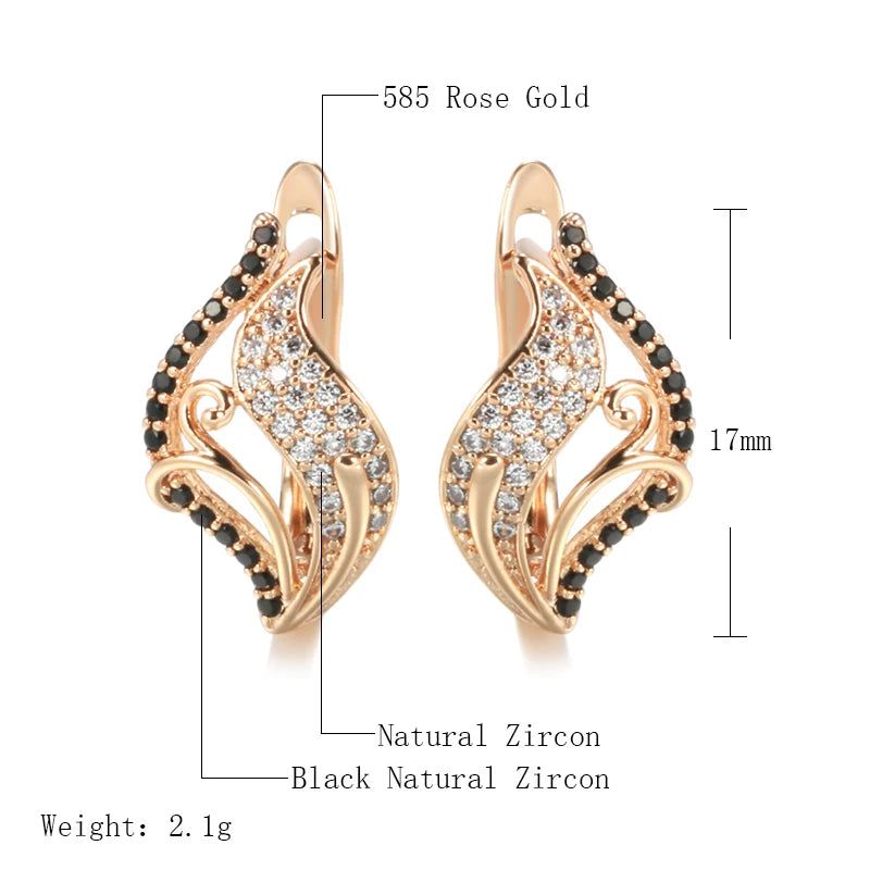 Stunning 585 Rose Gold Bling Black Zircon Leaf Drop Earrings - Elegant Natural Jewelry