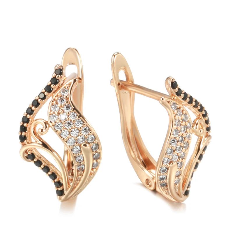 Stunning 585 Rose Gold Bling Black Zircon Leaf Drop Earrings - Elegant Natural Jewelry