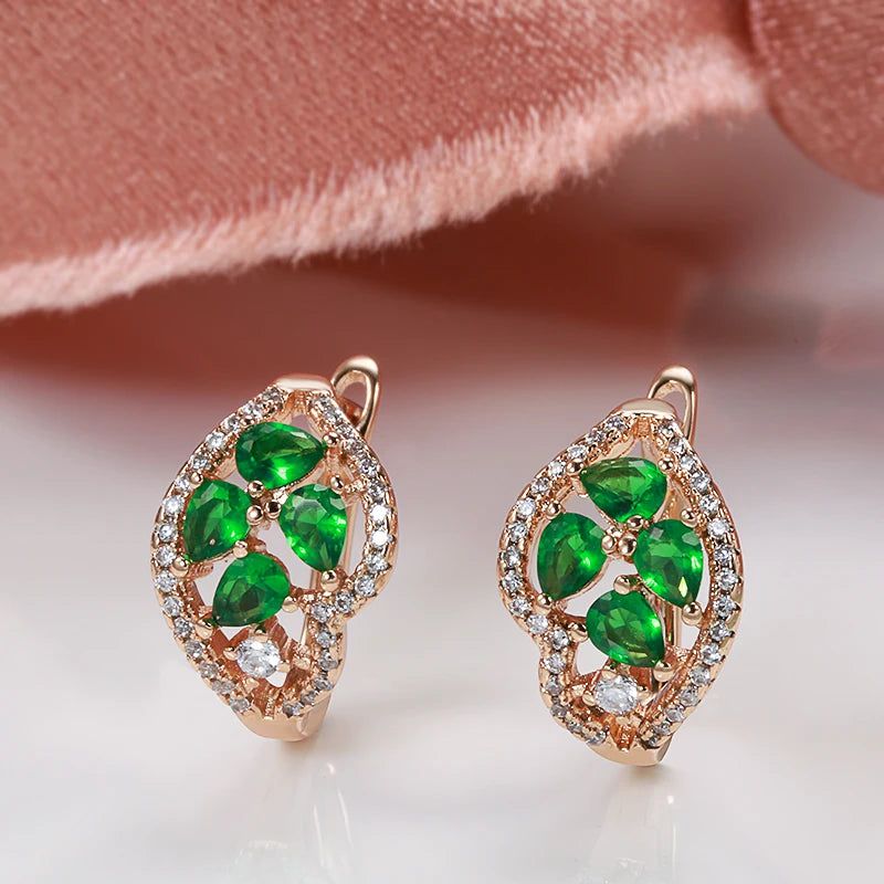 Stunning 585 Rose Gold Geometric Drop Earrings with Green Natural Zircon for Bridal Elegance