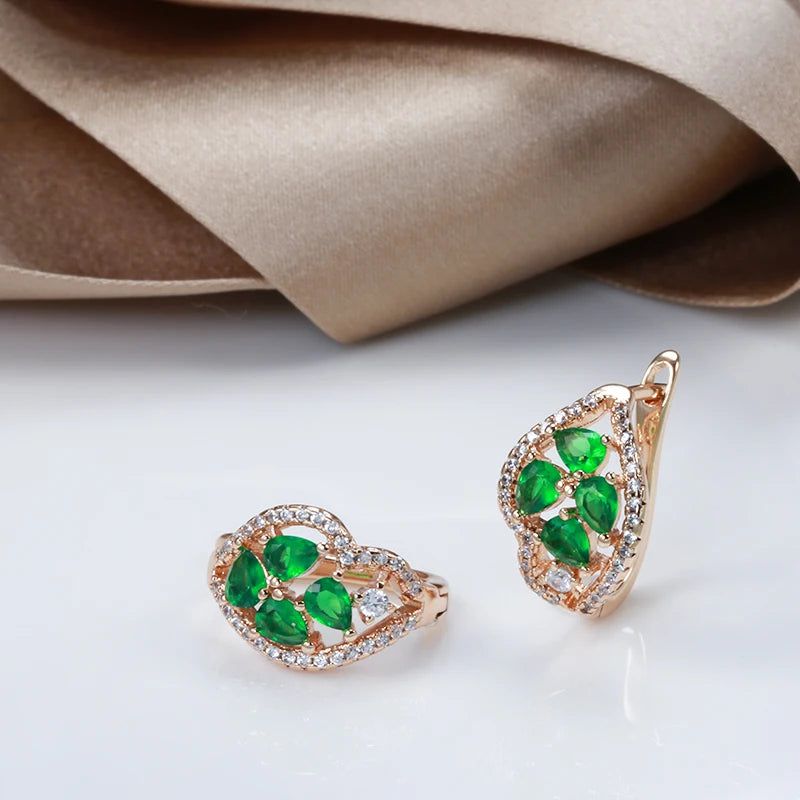 Stunning 585 Rose Gold Geometric Drop Earrings with Green Natural Zircon for Bridal Elegance