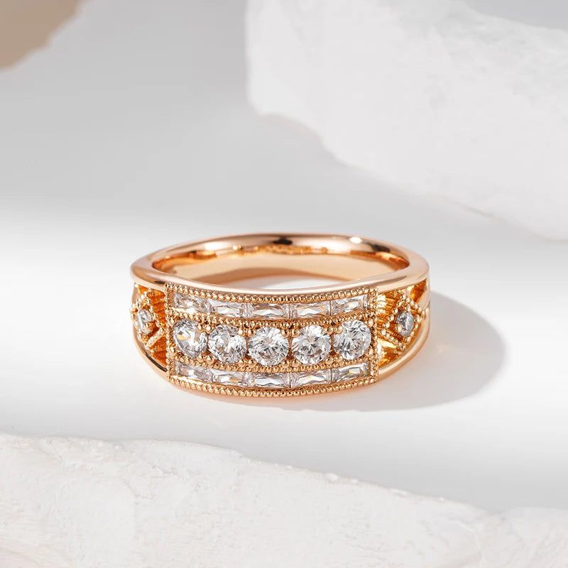 Stunning 585 Rose Gold Wide Cocktail Ring with Natural Zircon - Unique Fashion Jewelry