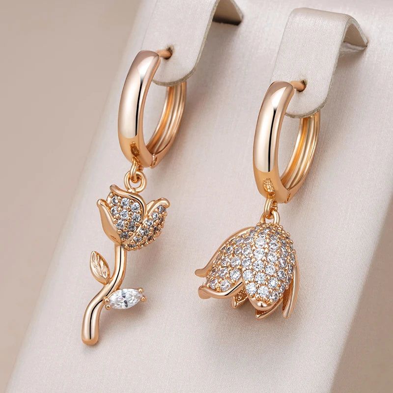 Stunning Asymmetrical Big Drop Earrings in 585 Rose Gold with Natural Zircon Accents