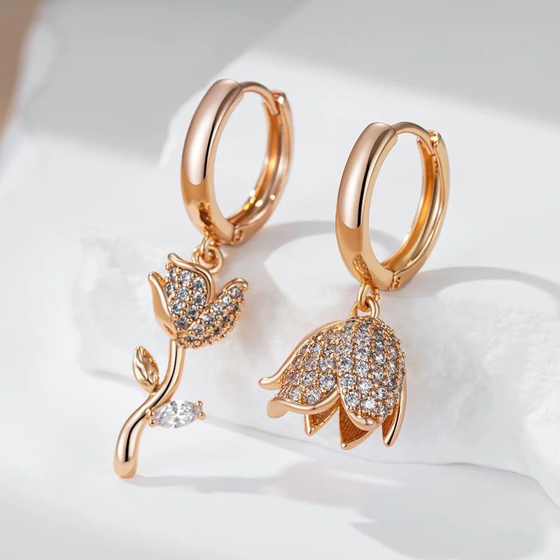 Stunning Asymmetrical Big Drop Earrings in 585 Rose Gold with Natural Zircon Accents