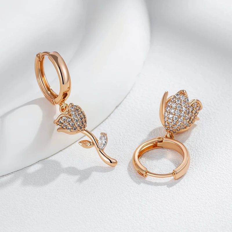 Stunning Asymmetrical Big Drop Earrings in 585 Rose Gold with Natural Zircon Accents