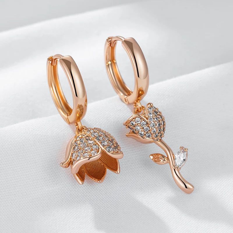 Stunning Asymmetrical Big Drop Earrings in 585 Rose Gold with Natural Zircon Accents