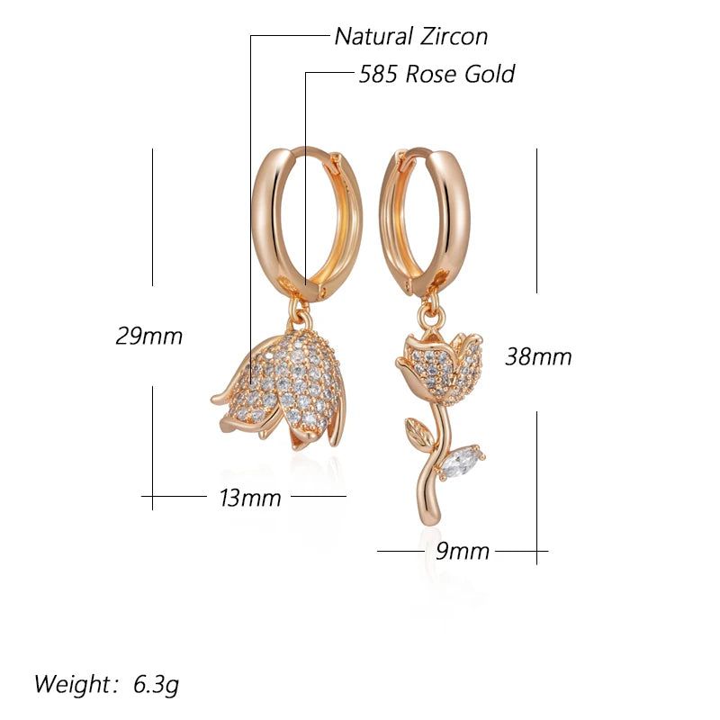 Stunning Asymmetrical Big Drop Earrings in 585 Rose Gold with Natural Zircon Accents