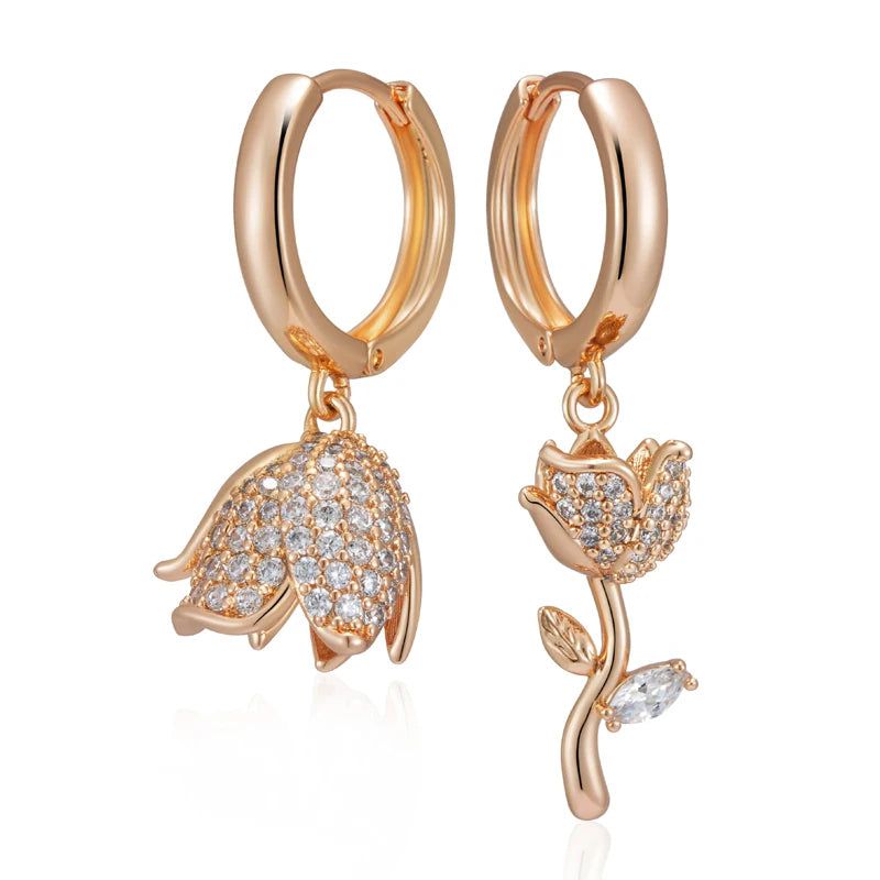 Stunning Asymmetrical Big Drop Earrings in 585 Rose Gold with Natural Zircon Accents