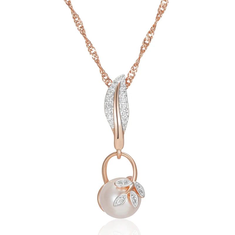 Stunning Boho Crystal Flower and Pearl Pendant Necklace in 585 Rose Gold and Silver