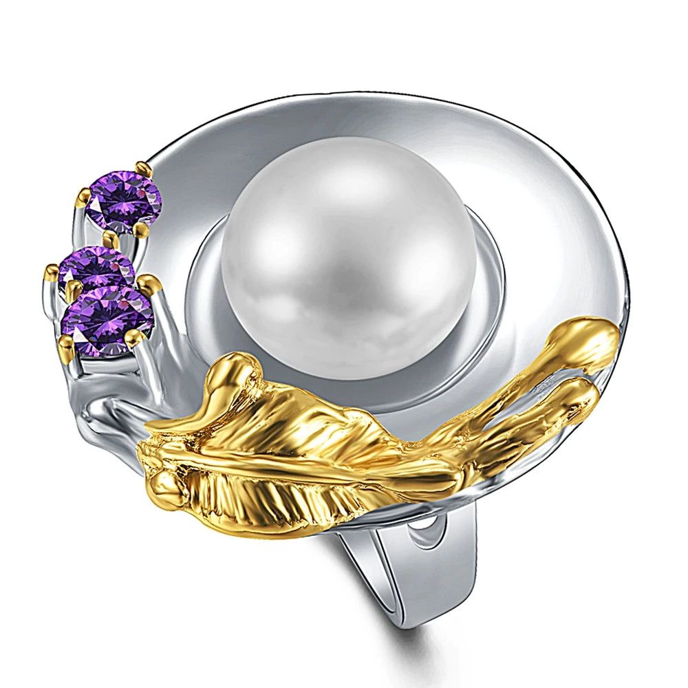 Stunning Cocktail Ring with Elegant Pearl and Zircon Accents