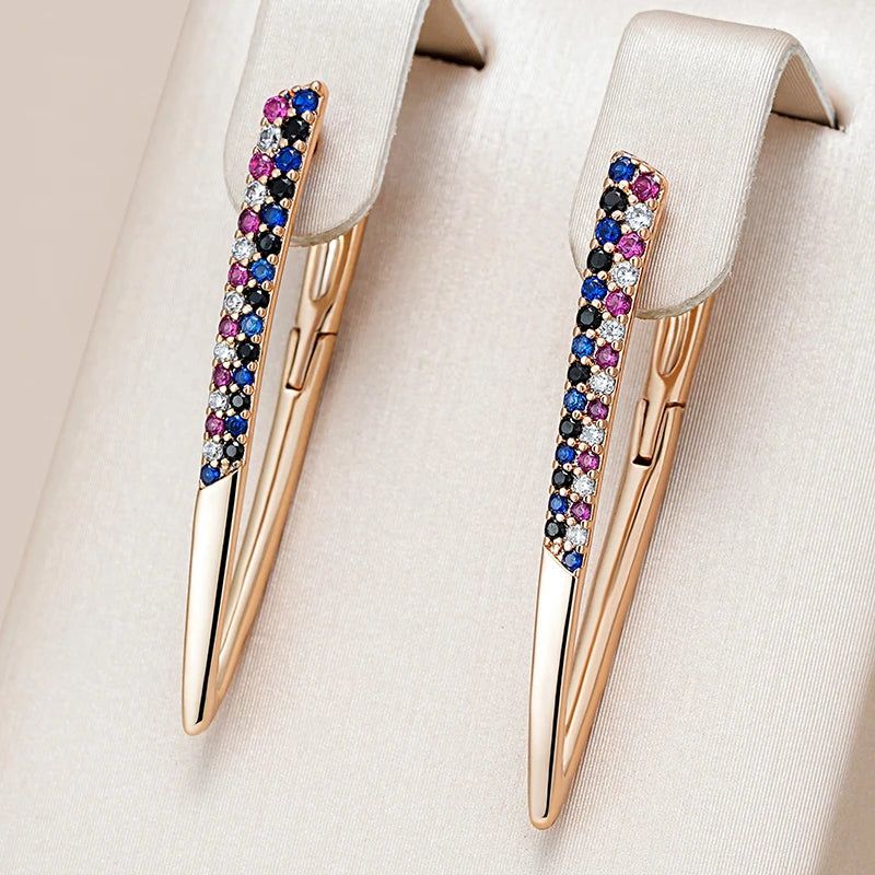 Stunning Geometric V Shape Earrings with Colorful Natural Zircon in 585 Rose Gold Finish