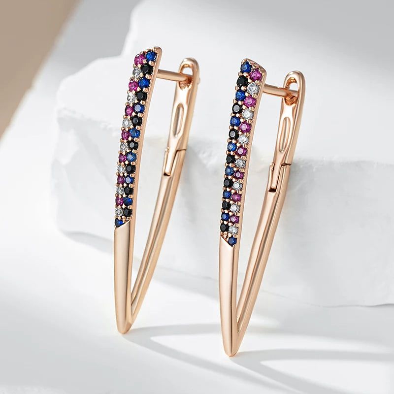 Stunning Geometric V Shape Earrings with Colorful Natural Zircon in 585 Rose Gold Finish