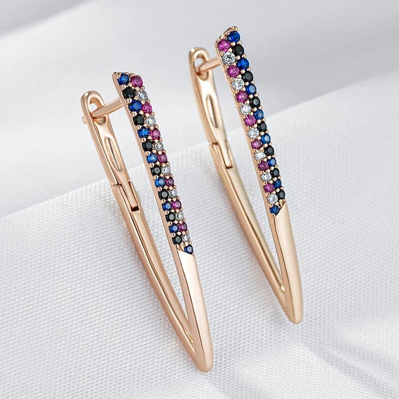 Stunning Geometric V Shape Earrings with Colorful Natural Zircon in 585 Rose Gold Finish