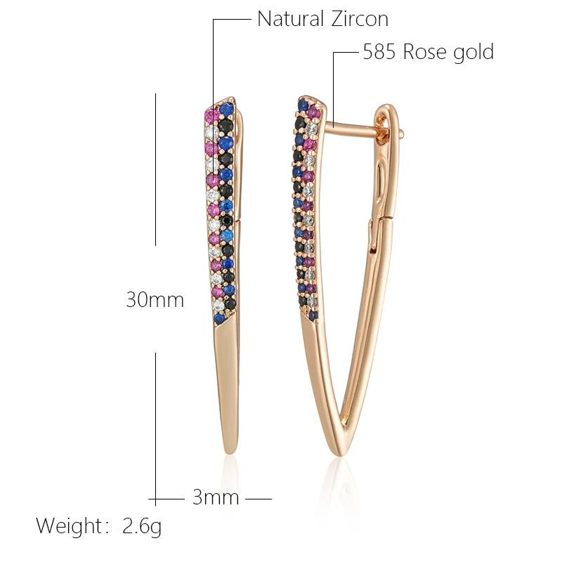 Stunning Geometric V Shape Earrings with Colorful Natural Zircon in 585 Rose Gold Finish