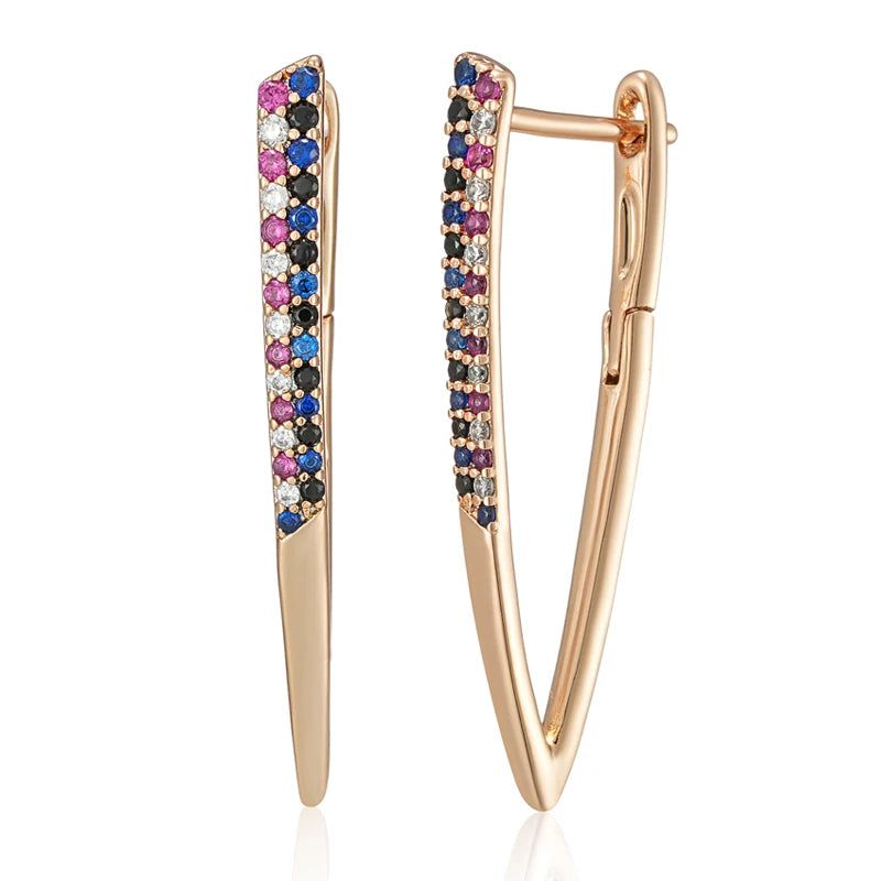 Stunning Geometric V Shape Earrings with Colorful Natural Zircon in 585 Rose Gold Finish