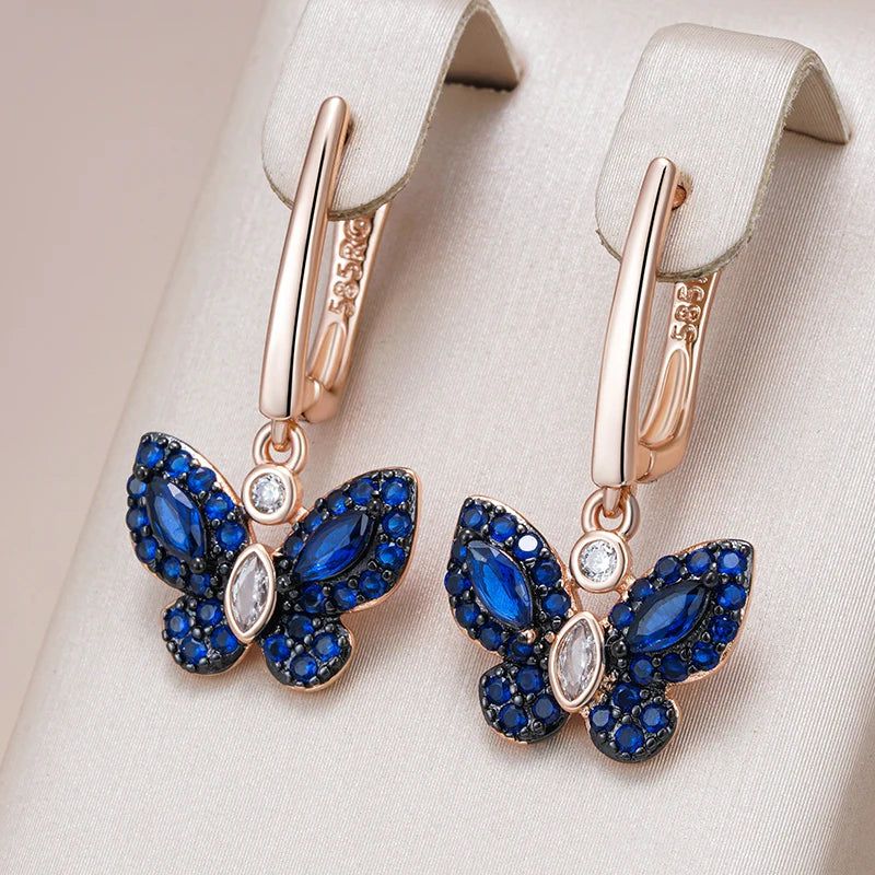 Stunning Hot Blue Natural Zircon Butterfly Drop Earrings in 585 Rose Gold with Black Plating