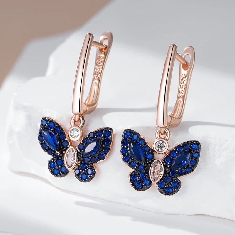 Stunning Hot Blue Natural Zircon Butterfly Drop Earrings in 585 Rose Gold with Black Plating