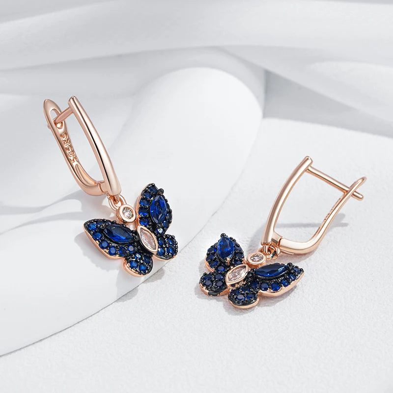 Stunning Hot Blue Natural Zircon Butterfly Drop Earrings in 585 Rose Gold with Black Plating