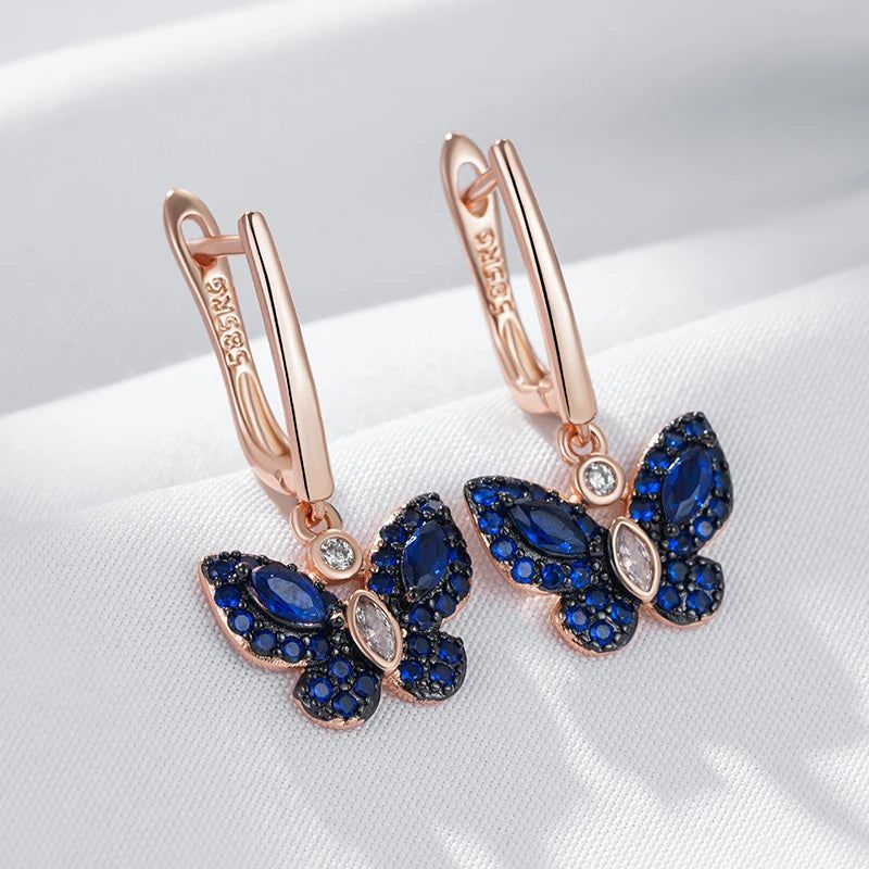 Stunning Hot Blue Natural Zircon Butterfly Drop Earrings in 585 Rose Gold with Black Plating