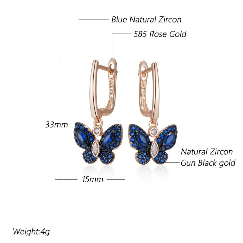 Stunning Hot Blue Natural Zircon Butterfly Drop Earrings in 585 Rose Gold with Black Plating