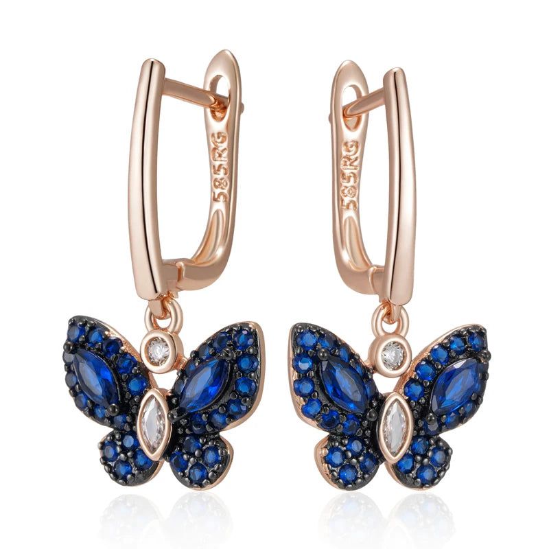 Stunning Hot Blue Natural Zircon Butterfly Drop Earrings in 585 Rose Gold with Black Plating