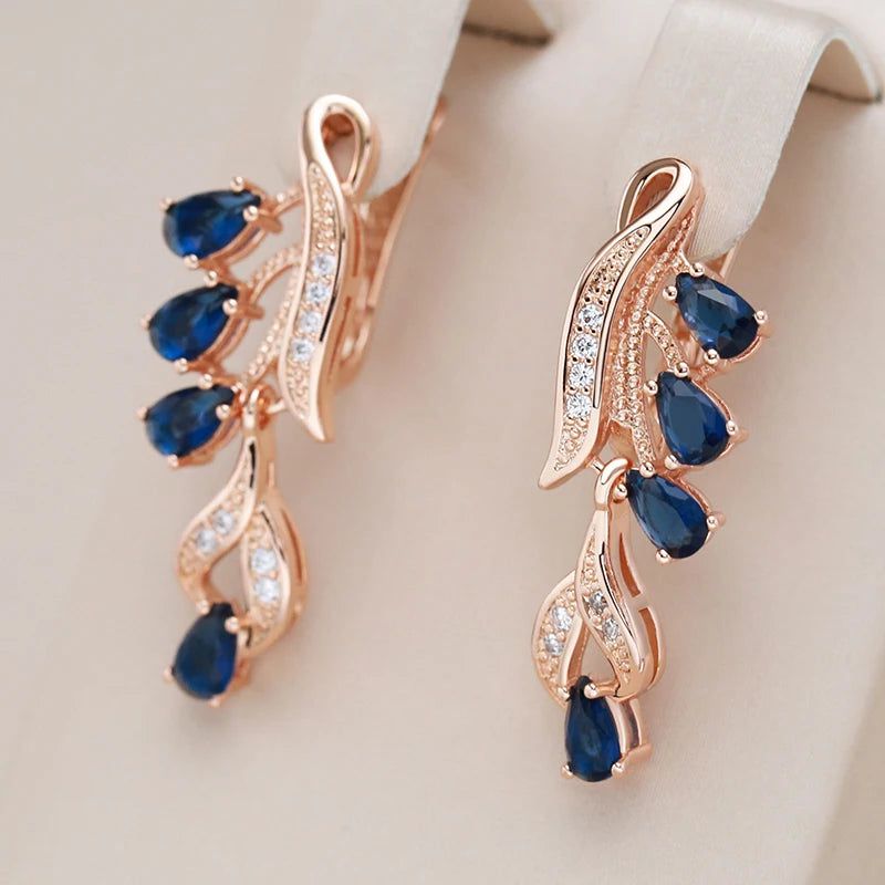 Stunning Leaf-Shaped Long Dangle Earrings with Hot Blue Stone and 585 Rose Gold Finish