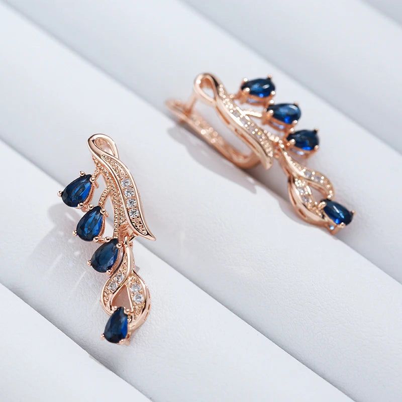 Stunning Leaf-Shaped Long Dangle Earrings with Hot Blue Stone and 585 Rose Gold Finish