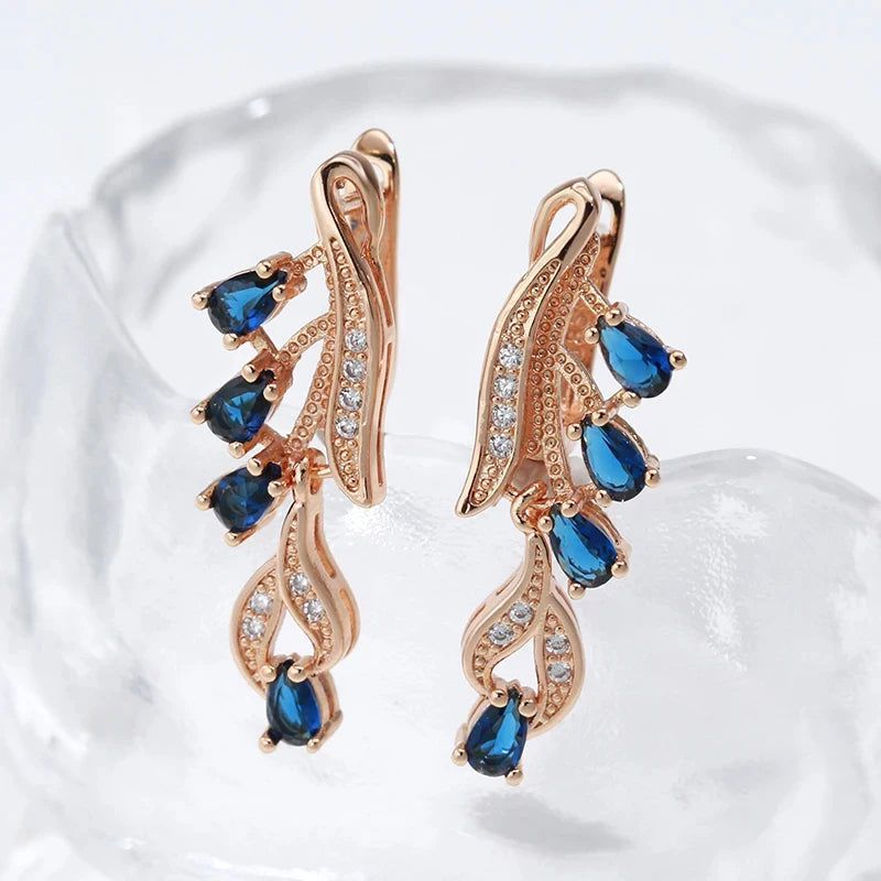 Stunning Leaf-Shaped Long Dangle Earrings with Hot Blue Stone and 585 Rose Gold Finish