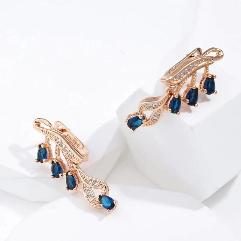 Stunning Leaf-Shaped Long Dangle Earrings with Hot Blue Stone and 585 Rose Gold Finish