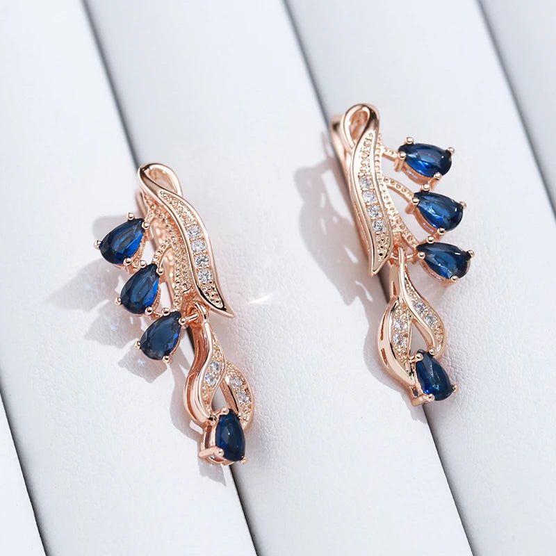 Stunning Leaf-Shaped Long Dangle Earrings with Hot Blue Stone and 585 Rose Gold Finish