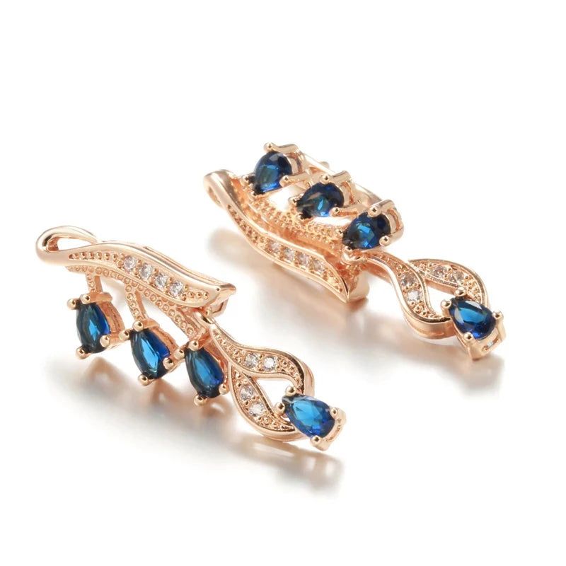 Stunning Leaf-Shaped Long Dangle Earrings with Hot Blue Stone and 585 Rose Gold Finish