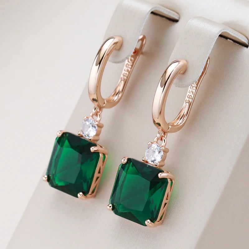 Stunning Long Dangle Earrings with Hot Square Green Stone in 585 Rose Gold and Natural Zircon Accents